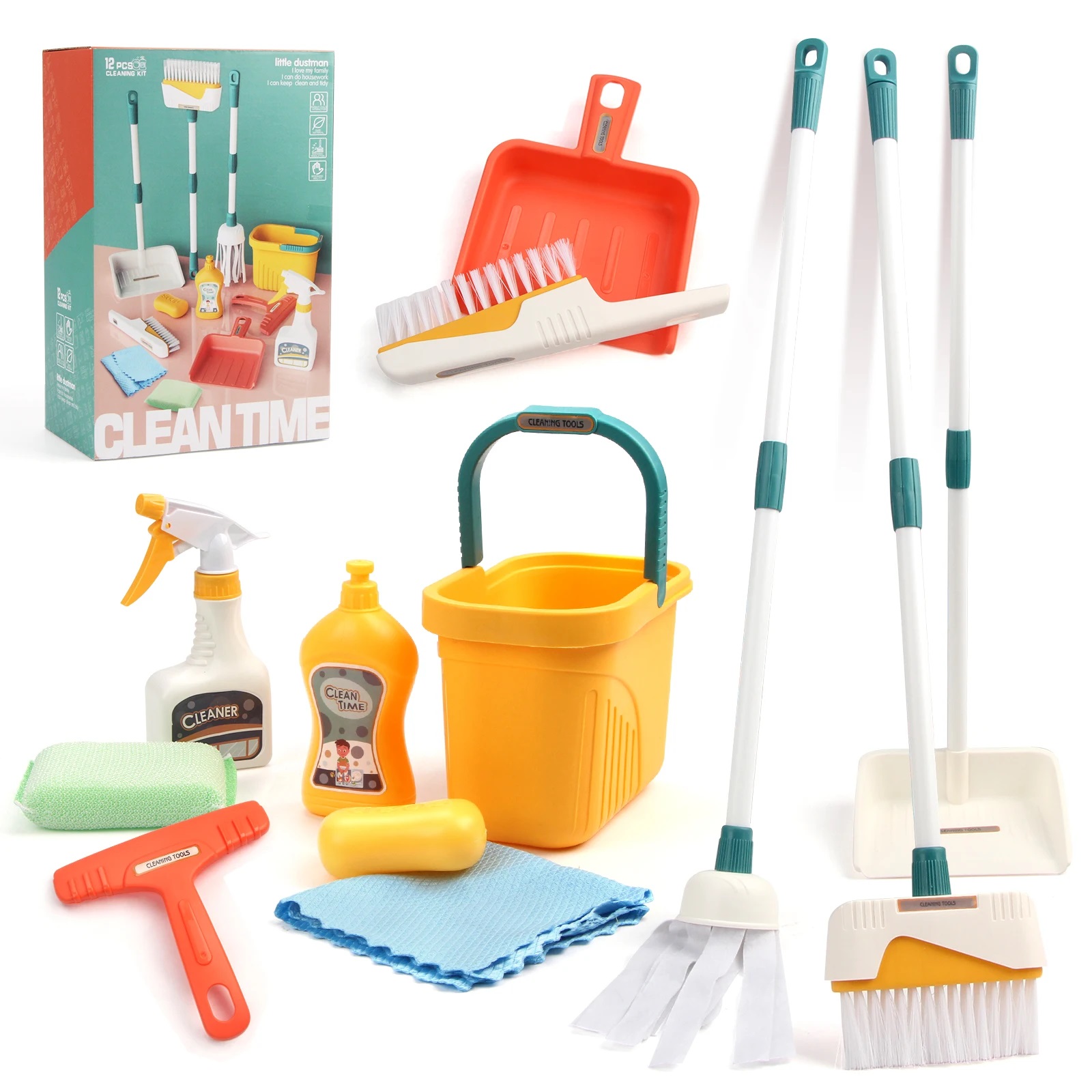 Kids Outdoor Broom - 12 ピース/セット子供用クリーニングセット家事用品キットちりとりほうきバケツモップクリーニングセットままごとのおもちゃ男の子と女の子用
